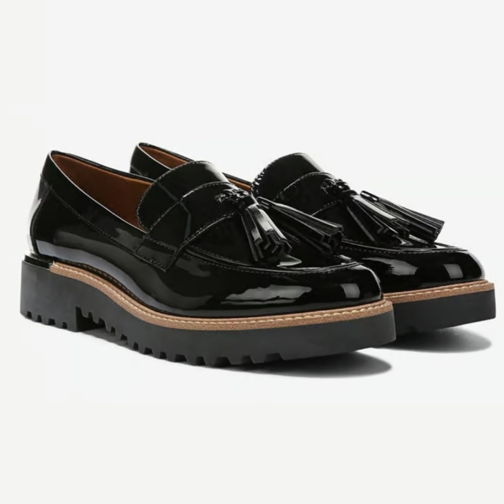 Franco Sarto Black Patent Tassel Lug Loafers Size 9 Only Worn Once